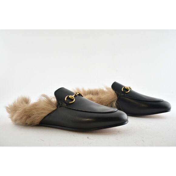 Gucci Princetown Black Leather Fur Loafer Slide Slip On Mule Slipper Flat 36 - Picture 4 of 12